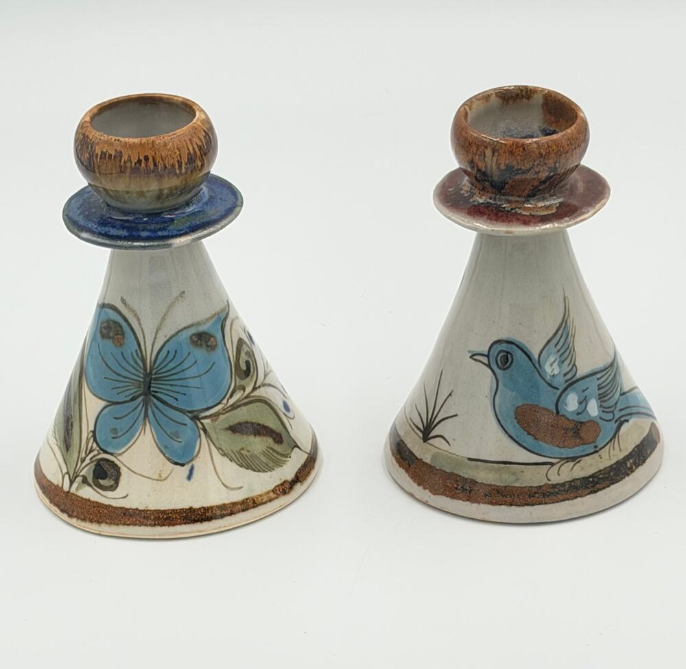 Folk-Art Ken Edwards Palomar Tonala Pottery Hand Painted 2pc Set Candle Holders